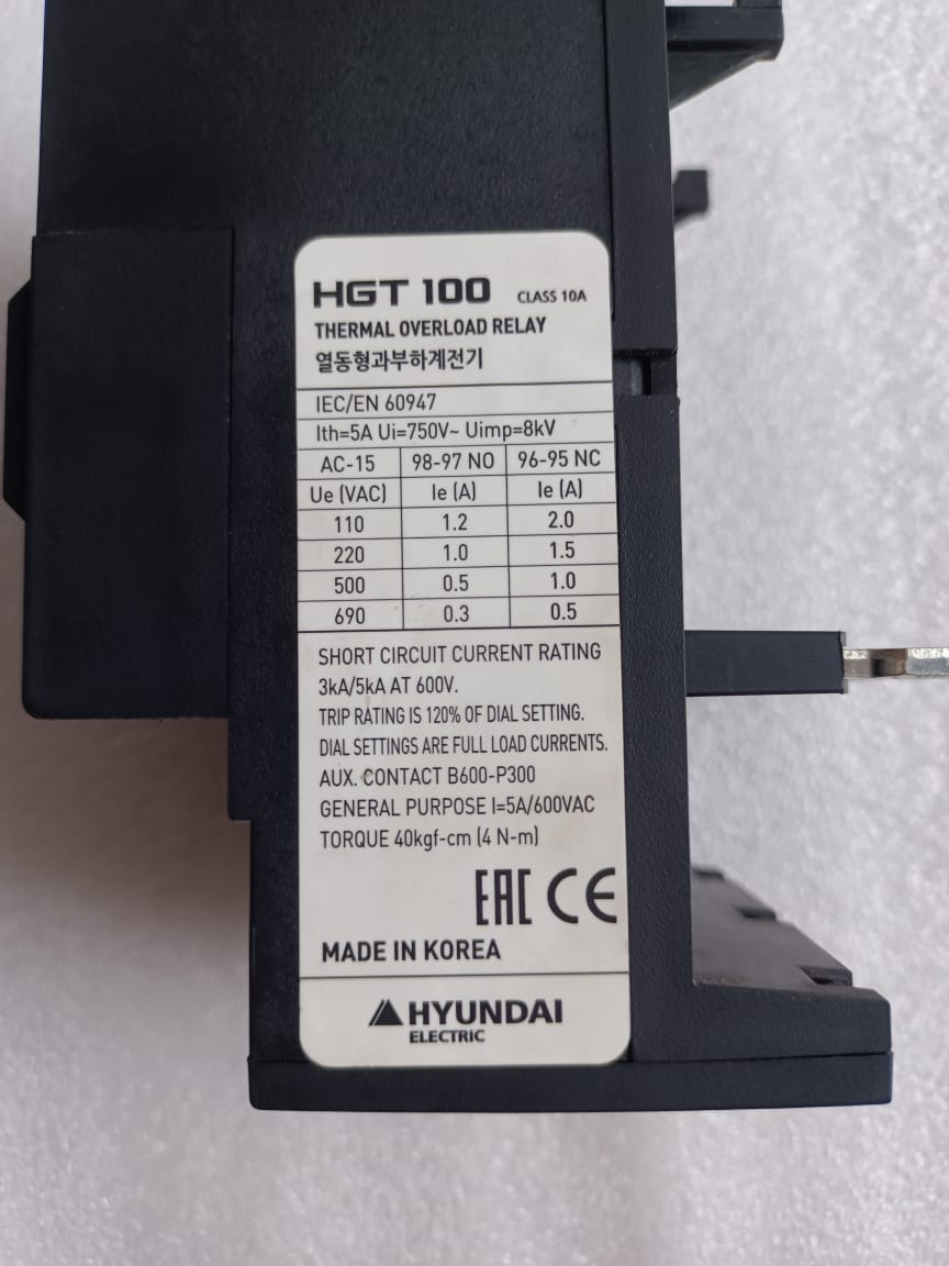 Hyundai HGT100 Thermal Overload Relay 70A–100A – Industrial Motor Protection Relay thumbnail 8
