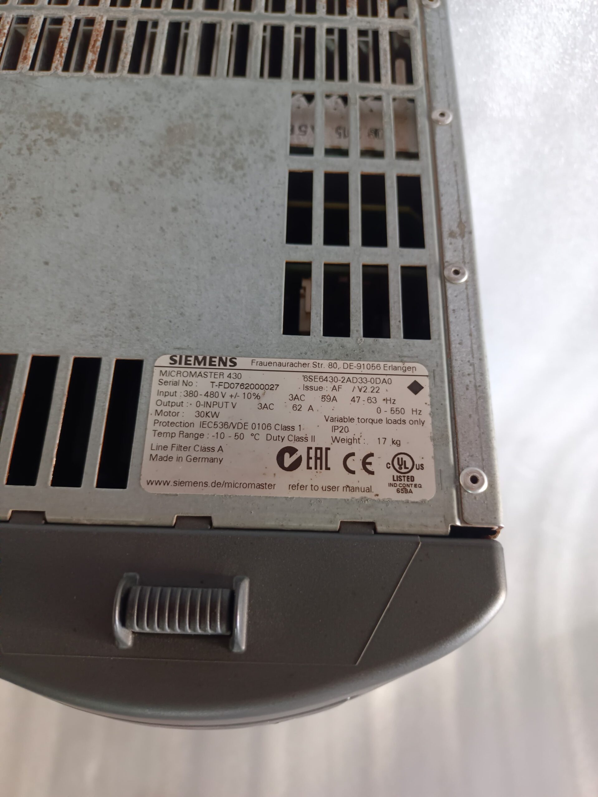 SIEMENS MICROMASTER 430 6SE6430-2AD33-0DA0 40HP AC Drive – Industrial Variable Frequency Drive (VFD) for Pump, Fan Motor Control thumbnail 7