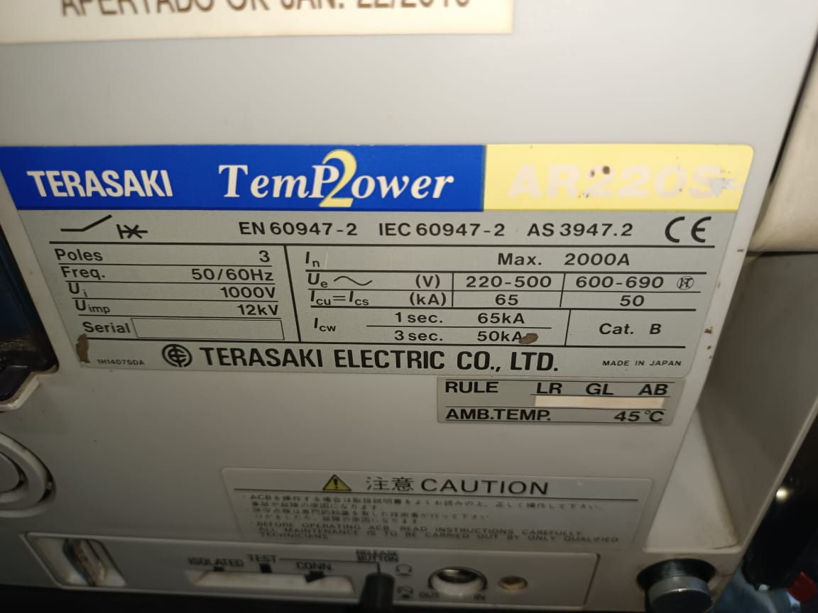 Terasaki AR220S Air Circuit Breaker TemPower2 – 2000A 3/4 Pole Drawout Air Circuit Breaker for Industrial Power Distribution thumbnail 3