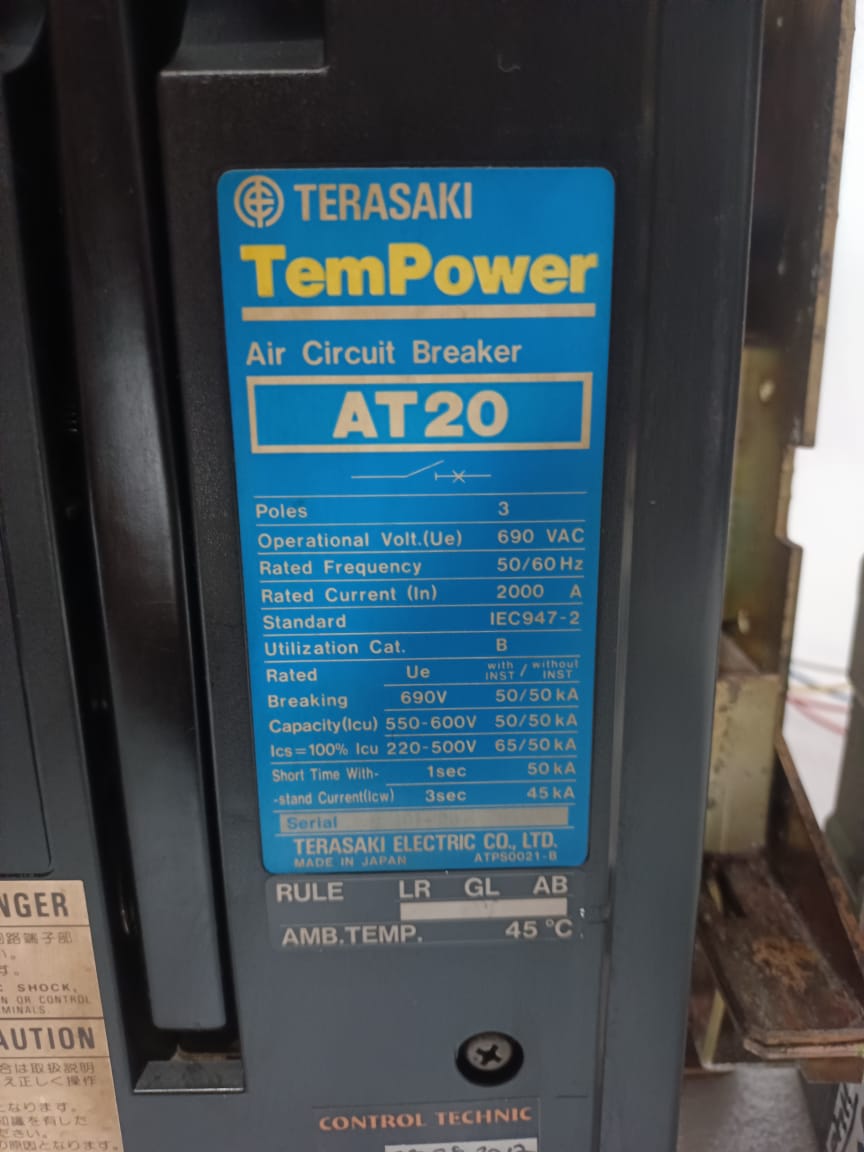Terasaki AT20 TemPower Air Circuit Breaker 2000AMP, 3 Pole Automatic EDO Type with UVT 440V AC | Heavy Duty Industrial ACB thumbnail 5