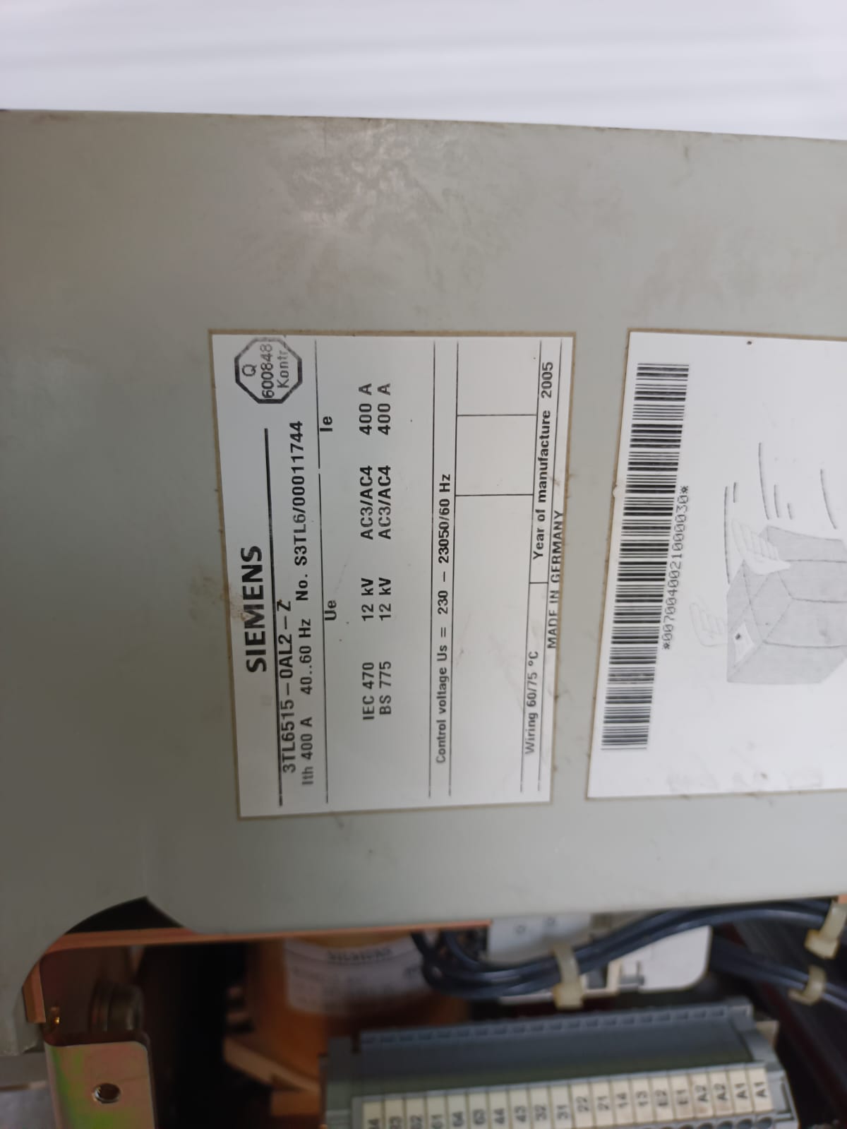 Siemens 3TL6515-0AL2-Z 400A 12kV Vacuum Contactor – Medium Voltage Industrial Switching Contactor thumbnail 8